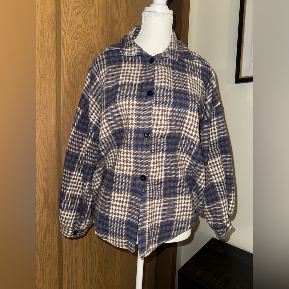 Plaid Flannel Button-Up Women's Jacket in Blue Cream and Brown